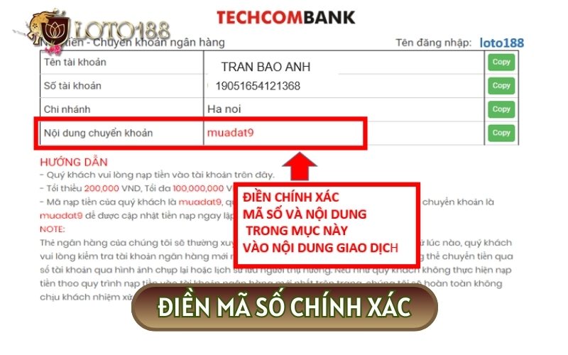 Điền mã số và nội dung giao dịch